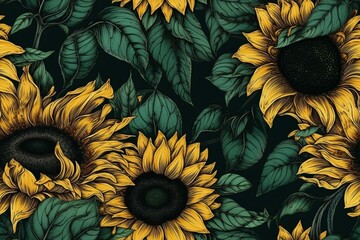 Bold and striking yellow and black sunflower flowers with green leaves, seamless pattern texture Generative AI