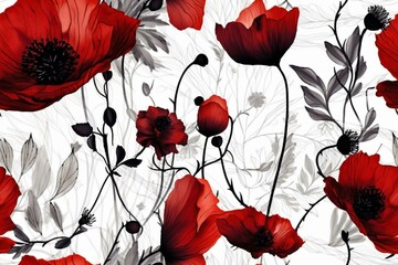 Bold and dramatic red and black poppy flowers on a white background, seamless pattern texture Generative AI
