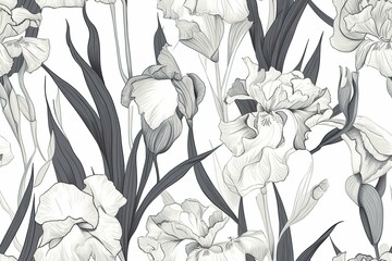 Clean and simple white and gray iris flowers with minimalist petals, on white background, seamless pattern texture Generative AI