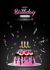 Happy Birthday on black background with 3d realistic pink and white air balloon with text and glitter confetti. Vector illustration
