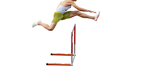 male athlete running 400 meters hurdles in athletics competition on transparent background, isolated sports photo
