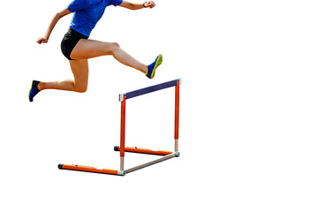 male athlete running 400 meters hurdles in athletics competition on transparent background, isolated sports photo