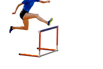 male athlete running 400 meters hurdles in athletics competition on transparent background, isolated sports photo