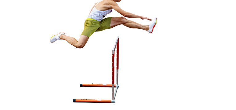 male athlete running 400 meters hurdles in athletics competition on transparent background, isolated sports photo