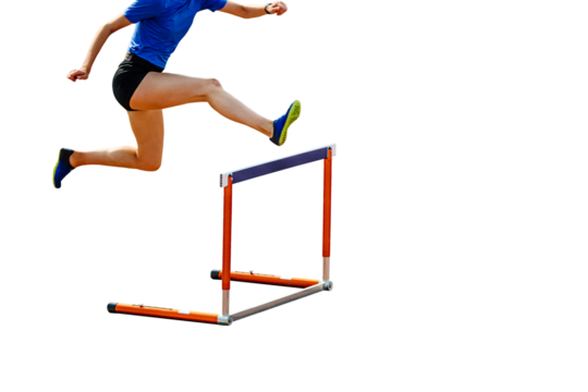 male athlete running 400 meters hurdles in athletics competition on transparent background, isolated sports photo