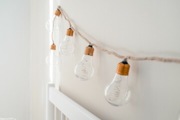 Fairy bulb lights against a white wall.