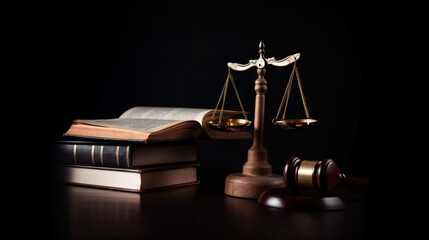 Judge gavel, law scales and books on black background. Law concept of Judiciary, Jurisprudence and Justice. Copy space. Based on Generative AI