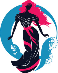 Silhouette of the goddess Aphrodite who go out from the sea against the backdrop of the moon. Isolated figure of a girl from mythology. Logo for a luxury project