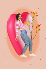 Vertical creative artwork photo collage of cheerful attractive woman lean on large figure 3d pink...
