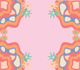 Psychedelic banner with copy space. Retro frame groovy daisy flowers and shapes in red pink orange blue