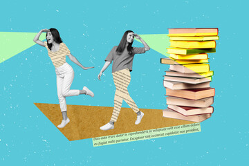 Creative composite collage of two excited girls lovers readers eyes watching looking interested...
