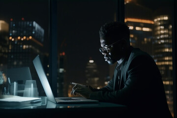 Fototapeta na wymiar Generative ai black businessman working on computer at night