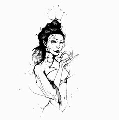 beautiful chinese girl. illustration black and white outline art.