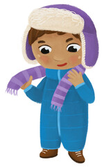 cartoon child kid boy taking off or putting on winter clothes by him self childhood illustration for kids
