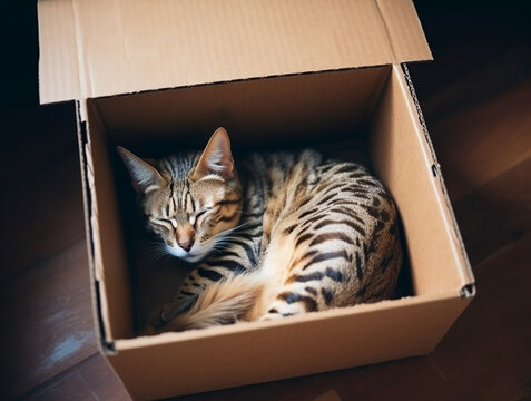 Chat dort dans un carton, vue de dessus (AI)