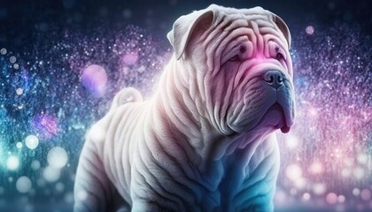 Shar Pei Dog Medium Shot White Pink Blue Magical Fantasy Bokeh. Generative AI