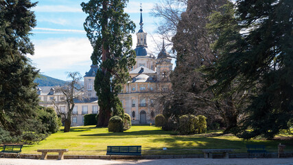 Front of the beautiful royal palace of La Granja de San Idelfonso, Segovia, Spain.