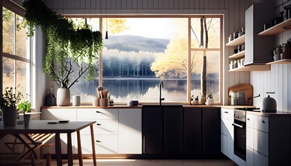 Illustration of cozy bright Scandinavian interior of a modern kitchen with a serene view on the outside.