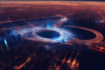 Obraz na płótnie Canvas Aerial view on night neon cyberpunk modern city. Long exposure light trails. AI generative image. Generative AI
