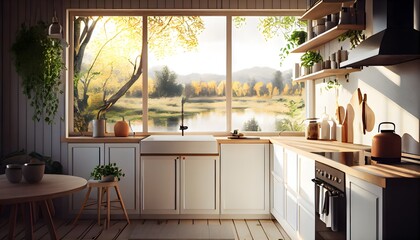 Illustration of cozy bright Scandinavian interior of a modern kitchen with a serene view on the outside. 