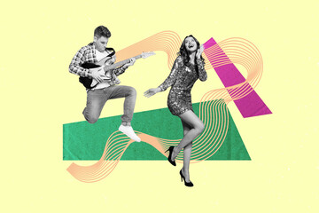 Creative photo collage illustration of positive cheerful people musicians playing pop music on corporate isolated on drawing background