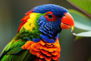 Rainbow lorikeet parrot in the treetops in a tropical rainforest, bright flowers and leaves, exotic plants, vines. Wildlife concept of ecological environment. Generative AI