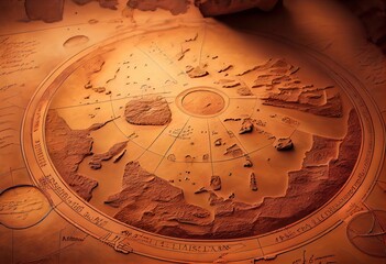Fototapeta na wymiar an ancient map of Mars that was found yesterday. The origin is unknown but the cartographer must have been to Mars. There are so many details and a written language that is unknown.