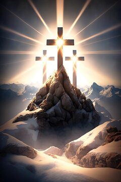 Christian Easter concept of three crosses at top of mountain. Generative AI vertical illustration