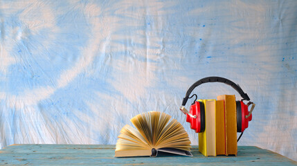 audio book concept with row of books, one opened and vintage headphones,panoramic, free copy space