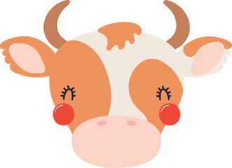 Cute funny baby cow face cartoon character illustration. Hand drawn Scandinavian style flat design, isolated PNG. Wildlife, nature, kids print element