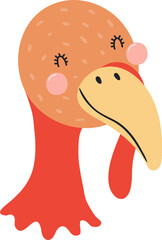Cute funny baby turkey face cartoon character illustration. Hand drawn Scandinavian style flat design, isolated PNG. Wildlife, nature, kids print element