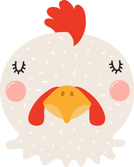 Cute funny baby chicken face cartoon character illustration. Hand drawn Scandinavian style flat design, isolated PNG. Wildlife, nature, kids print element
