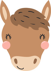 Cute funny baby horse face cartoon character illustration. Hand drawn Scandinavian style flat design, isolated PNG. Wildlife, nature, kids print element