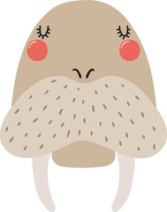 Cute funny baby walrus face cartoon character illustration. Hand drawn Scandinavian style flat design, isolated PNG. Wildlife, nature, kids print element