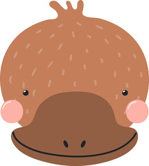 Cute funny baby platypus face cartoon character illustration. Hand drawn Scandinavian style flat design, isolated PNG. Wildlife, nature, kids print element