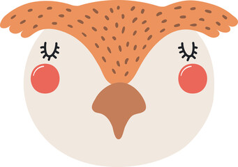 Cute funny baby owl face cartoon character illustration. Hand drawn Scandinavian style flat design, isolated PNG. Wildlife, nature, kids print element