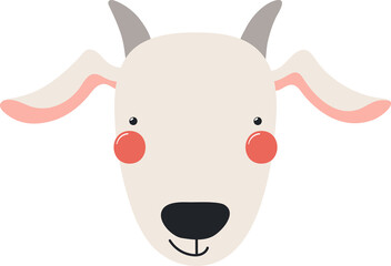 Cute funny baby goat face cartoon character illustration. Hand drawn Scandinavian style flat design, isolated PNG. Wildlife, nature, kids print element