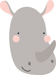 Cute funny baby rhino face cartoon character illustration. Hand drawn Scandinavian style flat design, isolated PNG. Wildlife, nature, kids print element © Maria Skrigan