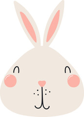 Cute funny baby rabbit face cartoon character illustration. Hand drawn Scandinavian style flat design, isolated PNG. Wildlife, nature, kids print element