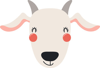 Cute funny baby goat face cartoon character illustration. Hand drawn Scandinavian style flat design, isolated PNG. Wildlife, nature, kids print element