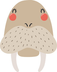 Cute funny baby walrus face cartoon character illustration. Hand drawn Scandinavian style flat design, isolated PNG. Wildlife, nature, kids print element