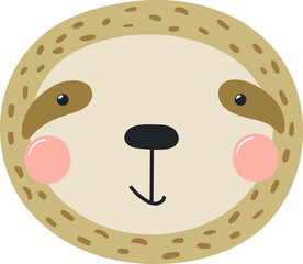Cute funny baby sloth face cartoon character illustration. Hand drawn Scandinavian style flat design, isolated PNG. Wildlife, nature, kids print element