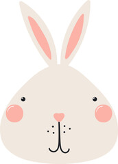 Cute funny baby rabbit face cartoon character illustration. Hand drawn Scandinavian style flat design, isolated PNG. Wildlife, nature, kids print element