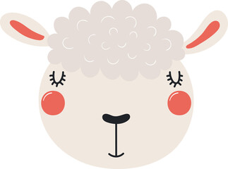 Cute funny baby sheep face cartoon character illustration. Hand drawn Scandinavian style flat design, isolated PNG. Wildlife, nature, kids print element
