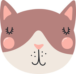 Cute funny baby cat face cartoon character illustration. Hand drawn Scandinavian style flat design, isolated PNG. Wildlife, nature, kids print element