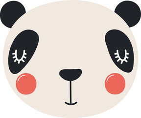 Cute funny baby panda face cartoon character illustration. Hand drawn Scandinavian style flat design, isolated PNG. Wildlife, nature, kids print element