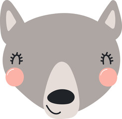 Cute funny baby wolf face cartoon character illustration. Hand drawn Scandinavian style flat design, isolated PNG. Wildlife, nature, kids print element