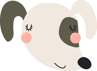 Cute funny baby dog face cartoon character illustration. Hand drawn Scandinavian style flat design, isolated PNG. Wildlife, nature, kids print element