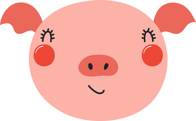 Cute funny baby pig face cartoon character illustration. Hand drawn Scandinavian style flat design, isolated PNG. Wildlife, nature, kids print element