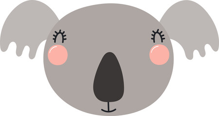 Cute funny baby koala face cartoon character illustration. Hand drawn Scandinavian style flat design, isolated PNG. Wildlife, nature, kids print element